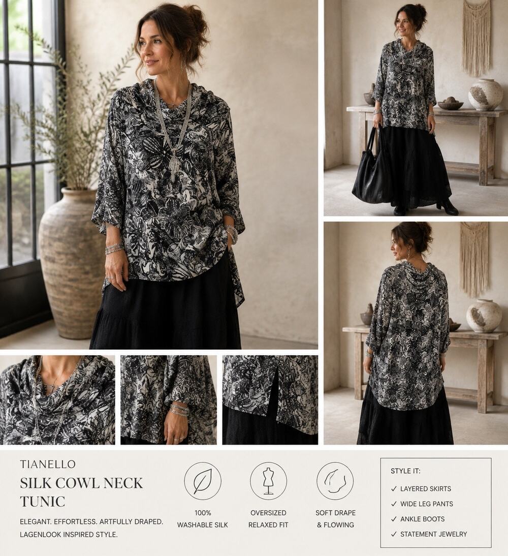 Tianello Silk Tunic Long Sleeve Cowl Neck Black White Size $148